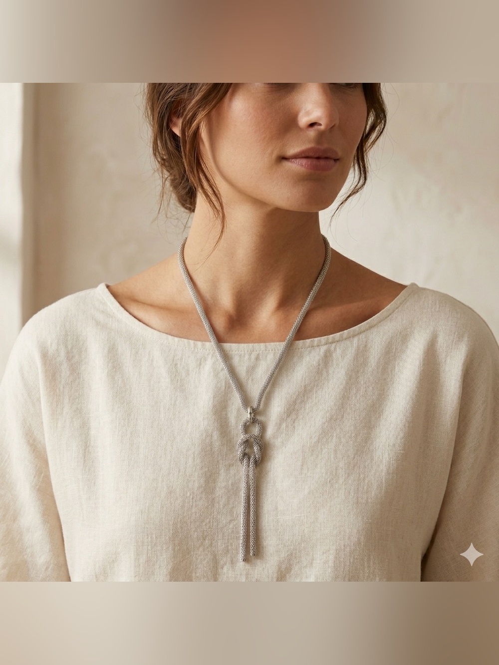 Silver Tone Mesh Chain Knot Necklace Long Pendant Textured Statement Jewelry